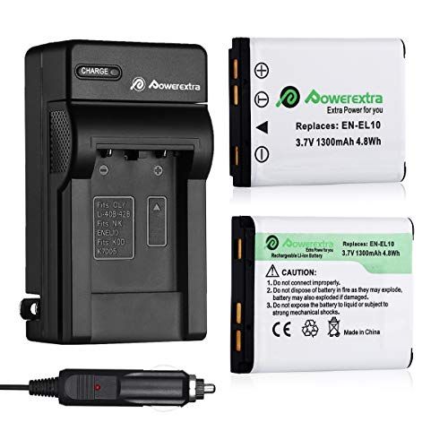  Powerextra 2 x Replacement Nikon EN-EL10 Battery and Charger Compatible with Nikon S60, S80, S200, S205, S210, S220, S230, S500, S510, S520, S570, S600, S700, S3000, S4000, S5100 D