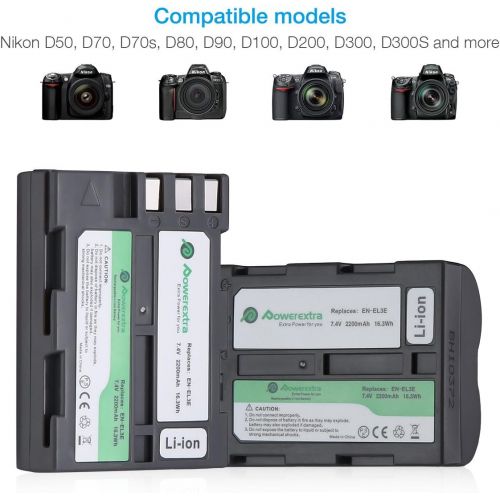  EN-EL3E Powerextra 2X EN-EL3E Battery & Charger Compatible with Nikon D50, D70, D70s, D80, D90, D100, D200, D300, D300S, D700 D900 Digital Cameras (Free Car Charger Available)