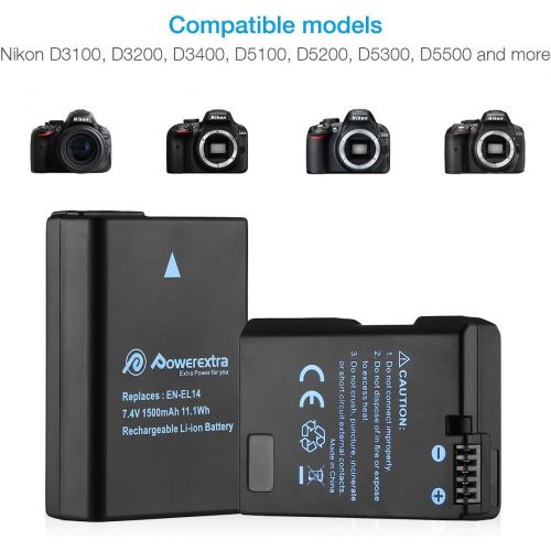  Powerextra 2 x EN-EL14 EN-EL14a Battery & Dual LCD Charger Compatible with Nikon D5600 D5500 D5300 D5200 D5100 D3500 D3400 D3300 D3200 D3100 Df Coolpix P7800 P7700 P7200 P7100 P700