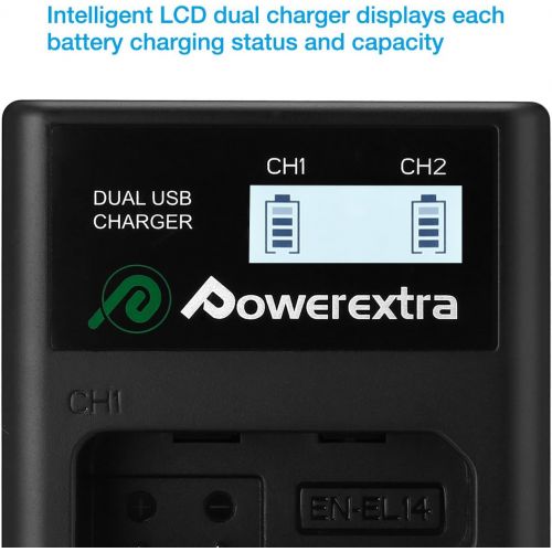  Powerextra 2 x EN-EL14 EN-EL14a Battery & Dual LCD Charger Compatible with Nikon D5600 D5500 D5300 D5200 D5100 D3500 D3400 D3300 D3200 D3100 Df Coolpix P7800 P7700 P7200 P7100 P700