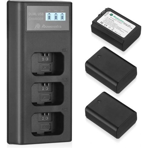  Powerextra NP-FW50 Rechargeable Battery Charger Set for Sony A6000 A6500 A6300 A7 A7II A7SII A7S A7S2 A7R A7R2 A7RII A55 A510 RX10 RX10II (3 Pack Batteries and 3 Channel Charger LC