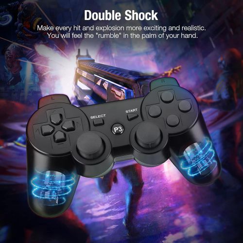  Powerextra Wireless Controller Compatible with PS-3, 2 Pack High Performance Gaming Controller with Upgraded Joystick for Play-Station 3 (Black)