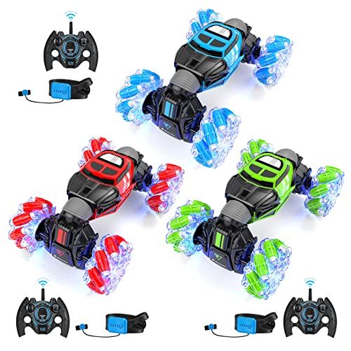  Powerextra 3 Pack Bundle RC Stunt Car, 4WD 2.4GHz Remote Control Gesture Sensor Toy Cars, Double Sided Rotating Off Road Vehicle 360° Flips, Kids Toy Cars for Boys & Girls Birthday