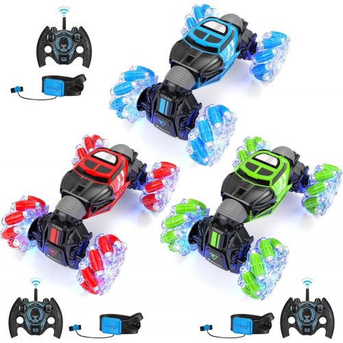  Powerextra 3 Pack Bundle RC Stunt Car, 4WD 2.4GHz Remote Control Gesture Sensor Toy Cars, Double Sided Rotating Off Road Vehicle 360° Flips, Kids Toy Cars for Boys & Girls Birthday