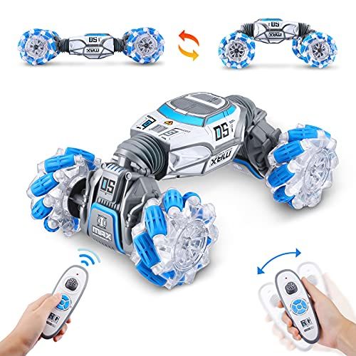  Powerextra Remote Control Car, 4WD Double Sided Gesture Sensor RC Stunt Car, 360 Flips and Spins, Dog Walking, Follow Path Mode, Deformable Electric All Terrain Car with Two Batter