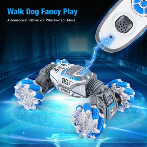  Powerextra Remote Control Car, 4WD Double Sided Gesture Sensor RC Stunt Car, 360 Flips and Spins, Dog Walking, Follow Path Mode, Deformable Electric All Terrain Car with Two Batter