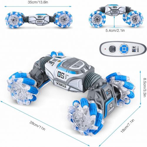  Powerextra Remote Control Car, 4WD Double Sided Gesture Sensor RC Stunt Car, 360 Flips and Spins, Dog Walking, Follow Path Mode, Deformable Electric All Terrain Car with Two Batter