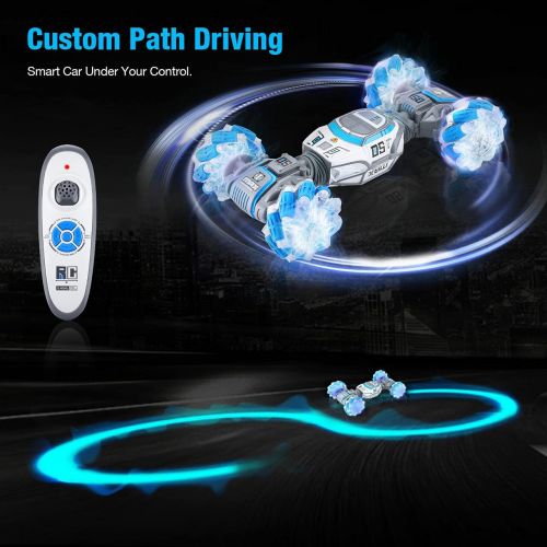  Powerextra Remote Control Car, 4WD Double Sided Gesture Sensor RC Stunt Car, 360 Flips and Spins, Dog Walking, Follow Path Mode, Deformable Electric All Terrain Car with Two Batter