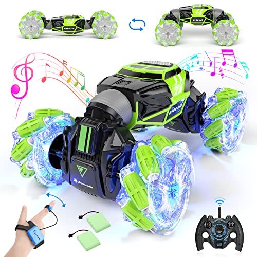  Powerextra [Ultra-Durable] Remote Control Car, with [Light & Music] for Boys Gesture Sensing RC Stunt Car, Double Sided Rotating Off Road Vehicle 360° Flips with 2 Batteries, Boys