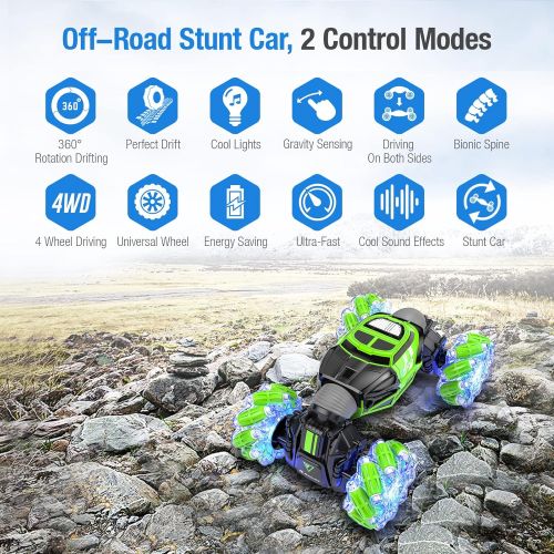  Powerextra [Ultra-Durable] Remote Control Car, with [Light & Music] for Boys Gesture Sensing RC Stunt Car, Double Sided Rotating Off Road Vehicle 360° Flips with 2 Batteries, Boys