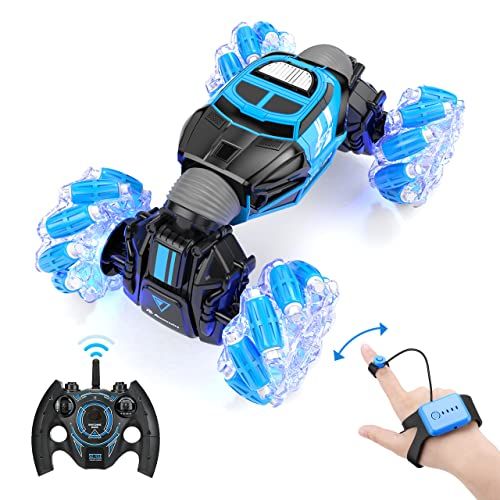  Powerextra RC Stunt Car, 4WD 2.4GHz Remote Control Gesture Sensor Toy Cars, Double Sided Rotating Off Road Vehicle 360° Flips with Lights Music, Toy Cars for Boys & Girls Birthday