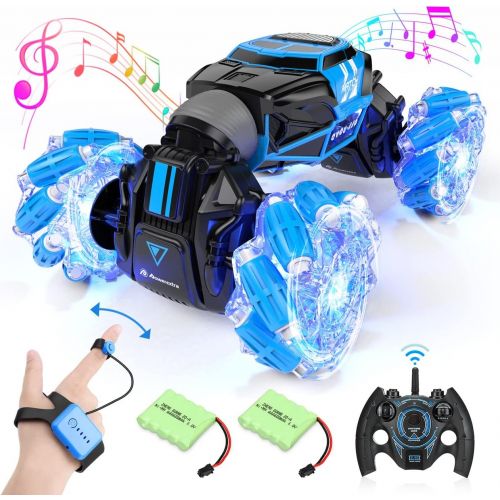  Powerextra RC Stunt Car, 4WD 2.4GHz Remote Control Gesture Sensor Toy Cars, Double Sided Rotating Off Road Vehicle 360° Flips with Lights Music, Toy Cars for Boys & Girls Birthday