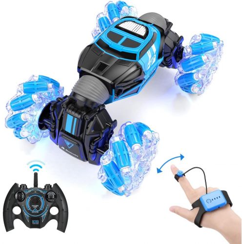  Powerextra RC Stunt Car, 4WD 2.4GHz Remote Control Gesture Sensor Toy Cars, Double Sided Rotating Off Road Vehicle 360° Flips with Lights Music, Toy Cars for Boys & Girls Birthday