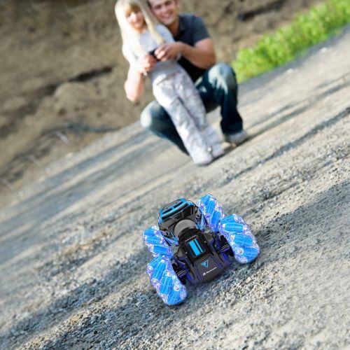  Powerextra RC Stunt Car, 4WD 2.4GHz Remote Control Gesture Sensor Toy Cars, Double Sided Rotating Off Road Vehicle 360° Flips with Lights Music, Toy Cars for Boys & Girls Birthday