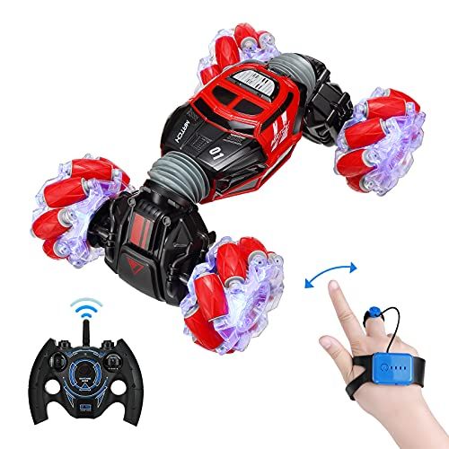  Powerextra Remote Control Car, 4WD 2.4GHz Rc Stunt Car, Watch Gesture Sensor Car, Double Sided Rotating Off Road Vehicle 360° Flips with 2 Batteries, Toy Cars for Boys & Girls Birt