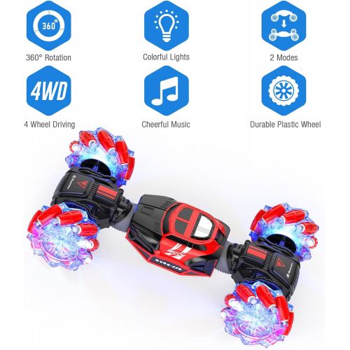  Powerextra Remote Control Car, 4WD 2.4GHz Rc Stunt Car, Watch Gesture Sensor Car, Double Sided Rotating Off Road Vehicle 360° Flips with 2 Batteries, Toy Cars for Boys & Girls Birt