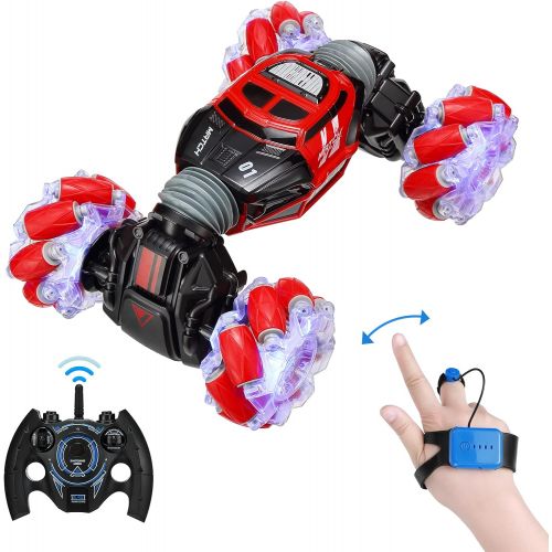  Powerextra Remote Control Car, 4WD 2.4GHz Rc Stunt Car, Watch Gesture Sensor Car, Double Sided Rotating Off Road Vehicle 360° Flips with 2 Batteries, Toy Cars for Boys & Girls Birt