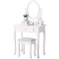 Powermarket Vanity Table Set,Make-up Dressing Table with Oval Mirror/ 3 Drawers,Bedroom Vanity/Stool Furniture White