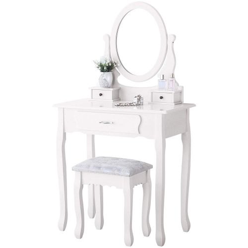  Powermarket Vanity Table Set,Make-up Dressing Table with Oval Mirror/ 3 Drawers,Bedroom Vanity/Stool Furniture White