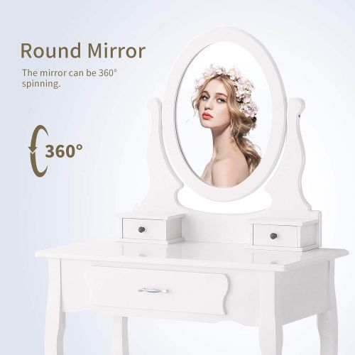  Powermarket Vanity Table Set,Make-up Dressing Table with Oval Mirror/ 3 Drawers,Bedroom Vanity/Stool Furniture White