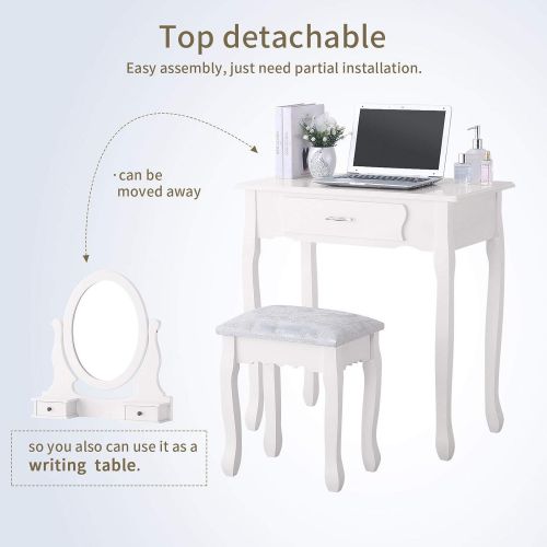  Powermarket Vanity Table Set,Make-up Dressing Table with Oval Mirror/ 3 Drawers,Bedroom Vanity/Stool Furniture White