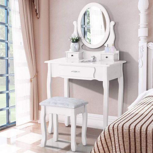 Powermarket Vanity Table Set,Make-up Dressing Table with Oval Mirror/ 3 Drawers,Bedroom Vanity/Stool Furniture White