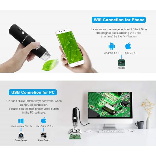  [아마존베스트]Prabensei WiFi USB Microscope, Handheld Microscope with 8 LEDs & Metal Stand 50 to 1000X Magnification Zoom Mini Endoscope Compatible with iPhone iPad Mac Windows Android for Child Students