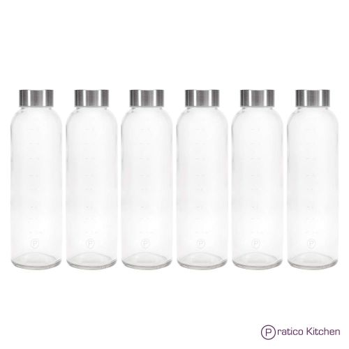  Pratico Kitchen 18oz Leak-Proof Glass Bottles, Juicing Containers, Water/Beverage Bottles - 6-Pack