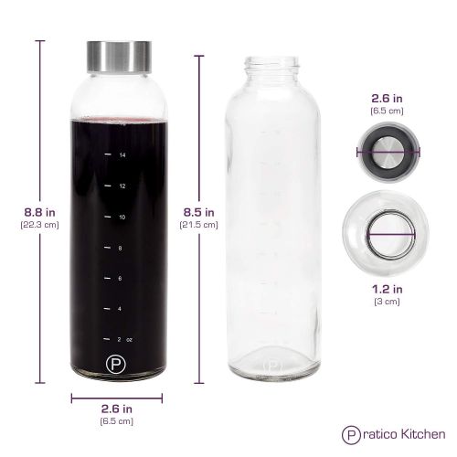  Pratico Kitchen 18oz Leak-Proof Glass Bottles, Juicing Containers, Water/Beverage Bottles - 6-Pack