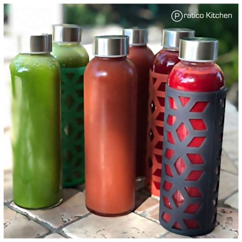  Pratico Kitchen 18oz Leak-Proof Glass Bottles, Juicing Containers, Water/Beverage Bottles - 6-Pack