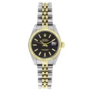 Pre-owned Rolex Womens 6917 Datejust Two-tone Black Tapestry Stick Watch by Rolex