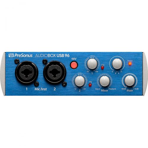  PreSonus},description:A great choice for mobile musicians and podcasters, the 2-channel AudioBox USB 96 is bus-powered, compact, ruggedly built, and works with virtually any PC or