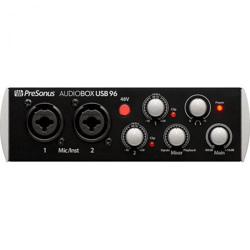  PreSonus},description:A great choice for mobile musicians and podcasters, the 2­-channel AudioBox USB 96 is bus-­powered, compact, ruggedly built, and works with virtually any PC o