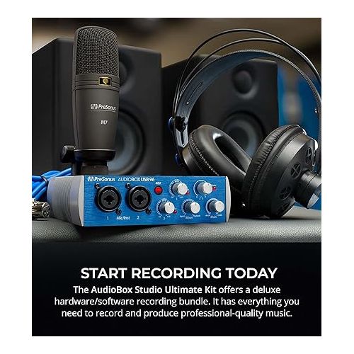  PreSonus AudioBox Studio Ultimate Bundle with Studio Monitors and Recording Software, Blucoil Boom Arm Plus Pop Filter, USB-A Mini Hub, 10' Instrument Cable (1/4