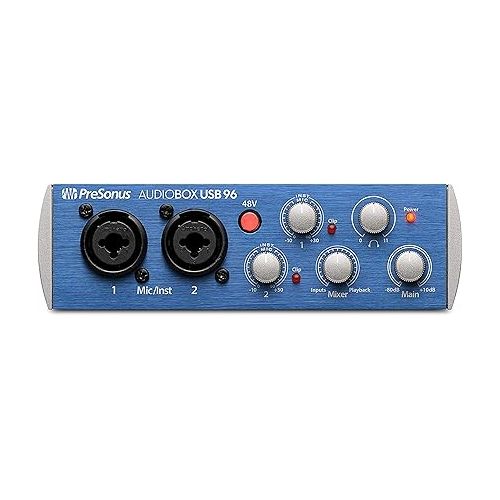  PreSonus AudioBox USB 96 USB Audio Interface 2-Channel 24-bit/96kHz USB 2.0 Recording with 2 Instrument/Microphone Preamps with Gravity Magnet Phone Holder and EMB XLR Bundle