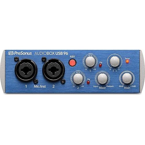  PreSonus AudioBox USB 96 USB Audio Interface 2-Channel 24-bit/96kHz USB 2.0 Recording with 2 Instrument/Microphone Preamps with Gravity Magnet Phone Holder and EMB XLR Bundle