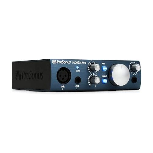  PreSonus AudioBox iOne 2x2 USB/iPad Audio Interface for Windows, Mac, and iOS Bundle with Blucoil Boom Arm Plus Pop Filter, 10-FT Balanced XLR Cable, and 10-FT Straight Instrument Cable (1/4in)