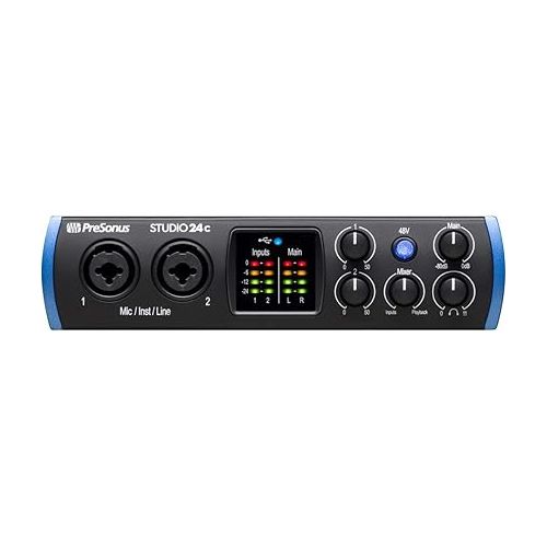  PreSonus Studio 24c 2x2 USB Type-C Audio/MIDI Interface with Kellopy Pop Filter, Mic Boom Scissor Arm Stand, 10ft MIDI Cable & XLR Cable Bundle