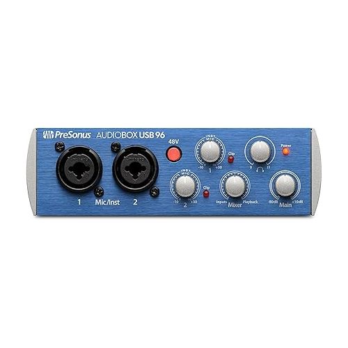  Presonus AudioBox 96 Audio Interface Studio Bundle with Studio One Artist Software Pack, Cardioid Condenser Studio Microphone, Shockmount, XLR Cable, Foam Wind Screen for Professional Recording