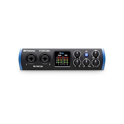  PreSonus Studio 24c 2x2 USB Type-C Audio/MIDI Interface w/Eris 3.5 Pair Studio Monitors and 1/4” TRS to TRS Instrument Cable and LyxPro Recording Bundle