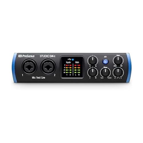  PreSonus Studio 24c 2x2 USB Type-C Audio/MIDI Interface w/Eris 3.5 Pair Studio Monitors and 1/4” TRS to TRS Instrument Cable and LyxPro Recording Bundle