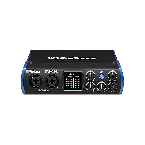  PreSonus Studio 24c 2x2 USB Type-C Audio/MIDI Interface w/Eris 3.5 Pair Studio Monitors and 1/4” TRS to TRS Instrument Cable and LyxPro Recording Bundle