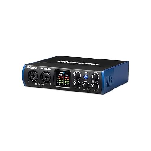  PreSonus Studio 24c 2x2 USB Type-C Audio/MIDI Interface w/Eris 3.5 Pair Studio Monitors and 1/4” TRS to TRS Instrument Cable and LyxPro Recording Bundle