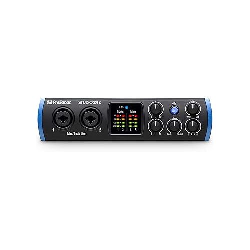  PreSonus Studio 24c 2x2 USB Type-C Audio/MIDI Interface with Eris E7 XT Pair 2-Way Studio Monitors with EBM Wave Guide Design and 1/4” Instrument Cable