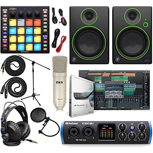  PreSonus Studio 24c 2x2 USB Type-C Audio/MIDI Interface with Studio One Artist Software Pack with ATOM Midi Production Pad Controller w/Mackie CR3 Pair Studio Monitors