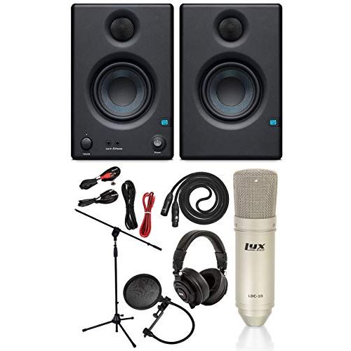  PreSonus Eris E3.5 2-Way Active Powered Studio Monitor Studio Pair, Microphone Stand, Pop Filter, Studio Microphone/XLR Cable, 2 TS Instrument Cables