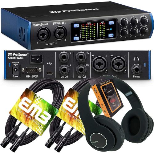  PreSonus Studio 68c USB-C Audio Interface with 4 XMAX Preamps and Bluetooth Headphone with Pair of EMB Professional XLR Cable and Gravity Mobile Bracket Extra Bundle