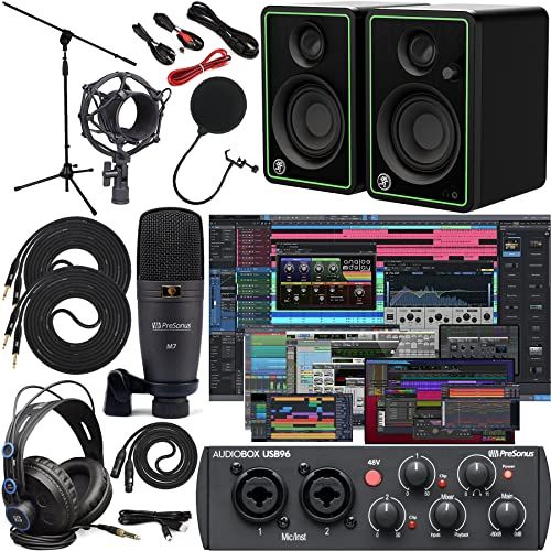  Presonus AudioBox 96 Audio Interface (May Vary Blue or Black) Full Studio Bundle with Studio One Artist Software Pack w/Mackie CR3 Pair Studio Monitors and 1/4” Instrument Cables