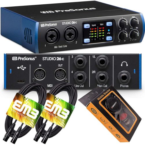  PreSonus Studio 26c USB-C Audio Interface with 2 XMAX-L Preamps Capable up to 24-bit/192kHz Digital Resolution with Pair of EMB XLR Cable and Gravity Mobile Bracket