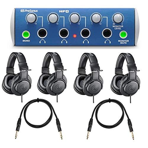  PreSonus HP4 4 Channel Headphone Distribution Amplifier - Bundle with 4 Pack AT ATH-M20x Pro Monitor Headphones, 2-Pk H&A 3TRS 1/4in Male-Male Interconnect Cable, Rean Gold Connect